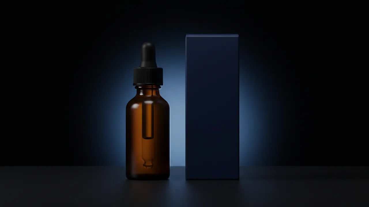 Bruin glazen druppelflesje met zwarte rubberen knijper naast een effen blauwe doos, met blauw randlicht
