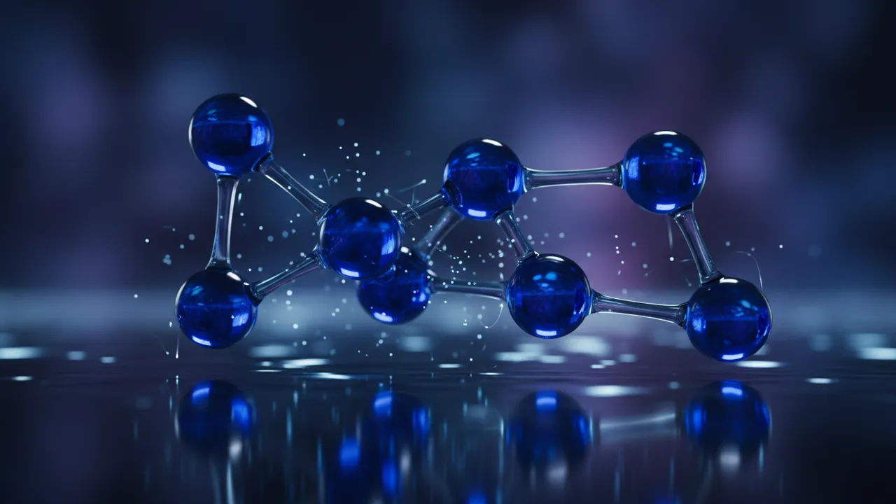 Glazen molecuulmodel met diepblauwe bollen en lichtgevende deeltjes op een donker spiegelend oppervlak