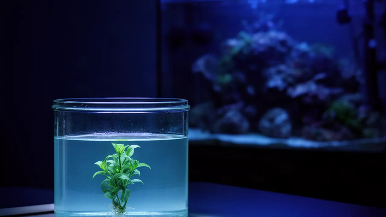 Een kleine glazen quarantainebak met lichtblauw gekleurd water en een plantje, naast een groter aquarium in het halfdonker