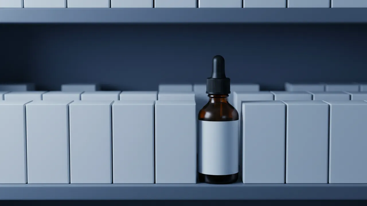 Apotheekschap met effen witte doosjes zonder opdruk en één bruin glazen druppelflesje