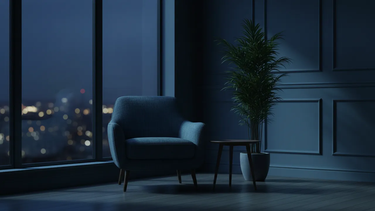 Lege spreekkamer in blauw avondlicht met een fauteuil, een plant en een raam met stadslichten