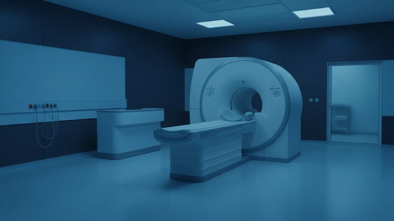 Lege MRI-scanner in een rustige ziekenhuisruimte met koel blauw licht