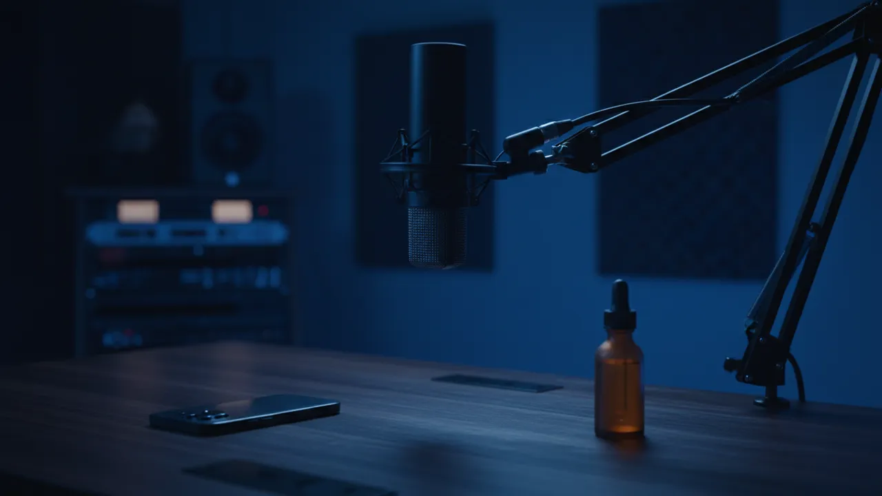 Lege podcaststudio met een microfoon, een telefoon en een bruin glazen druppelflesje in blauw neonlicht