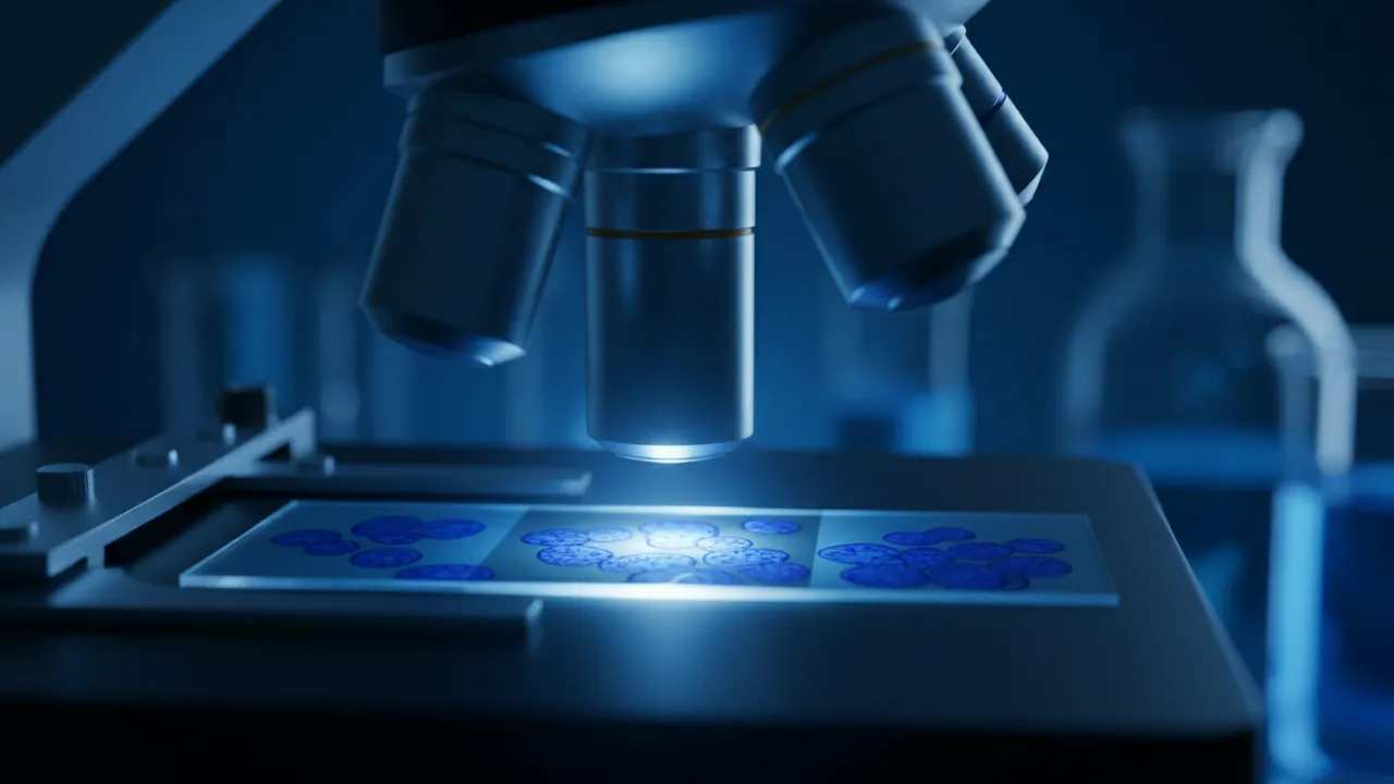Close-up van een objectglaasje met blauw gekleurde cellen onder het objectief van een microscoop