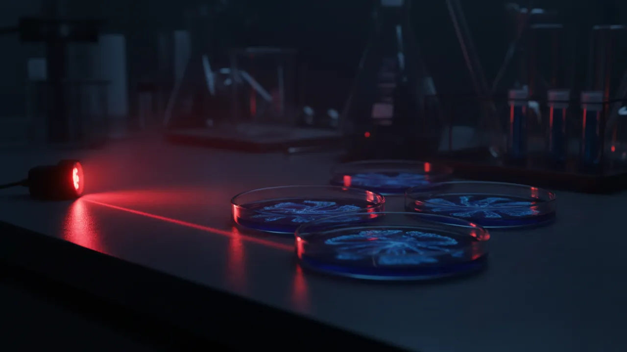 Petrischalen op een laboratoriumtafel, sommige diepblauw gekleurd, met een rode lichtbron ernaast