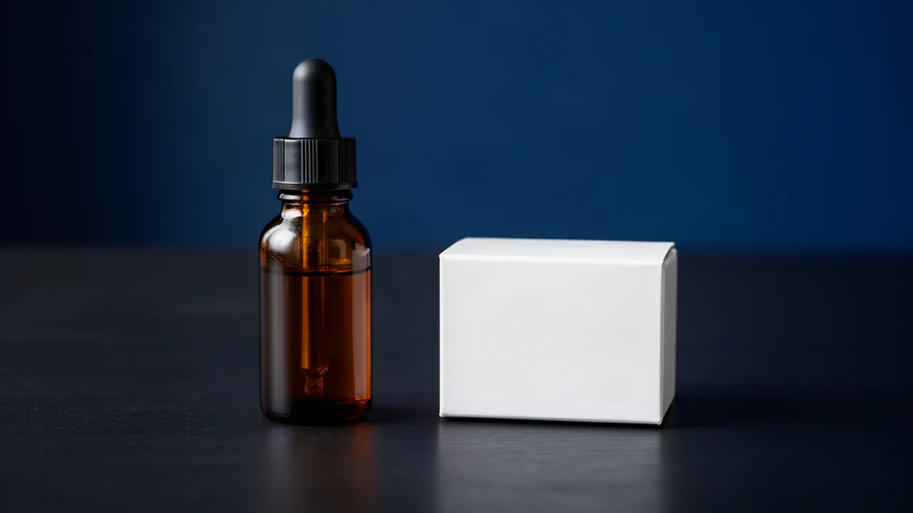 Bruin glazen flesje met een etiket naast een apothekersdoosje op een donkere tafel
