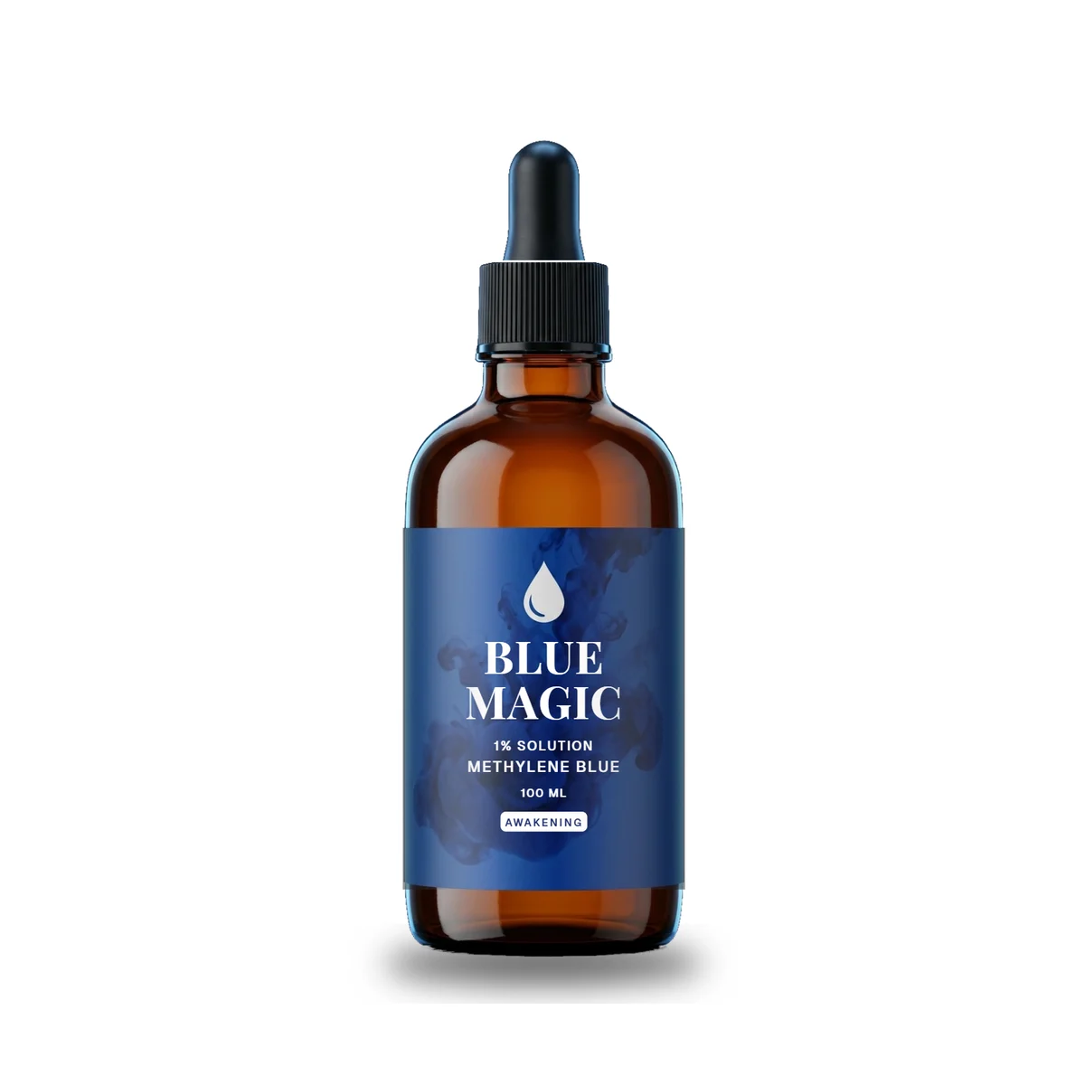 Blue Magic methyleenblauw 1%, bruin glazen flesje van 100 ml met blauw etiket, vooraanzicht